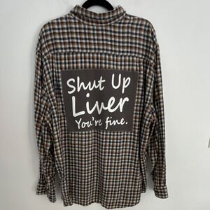 OutdoorLife Men's Plaid Cotton Button-Down Shirt Blue Brown White Pockets 3XL